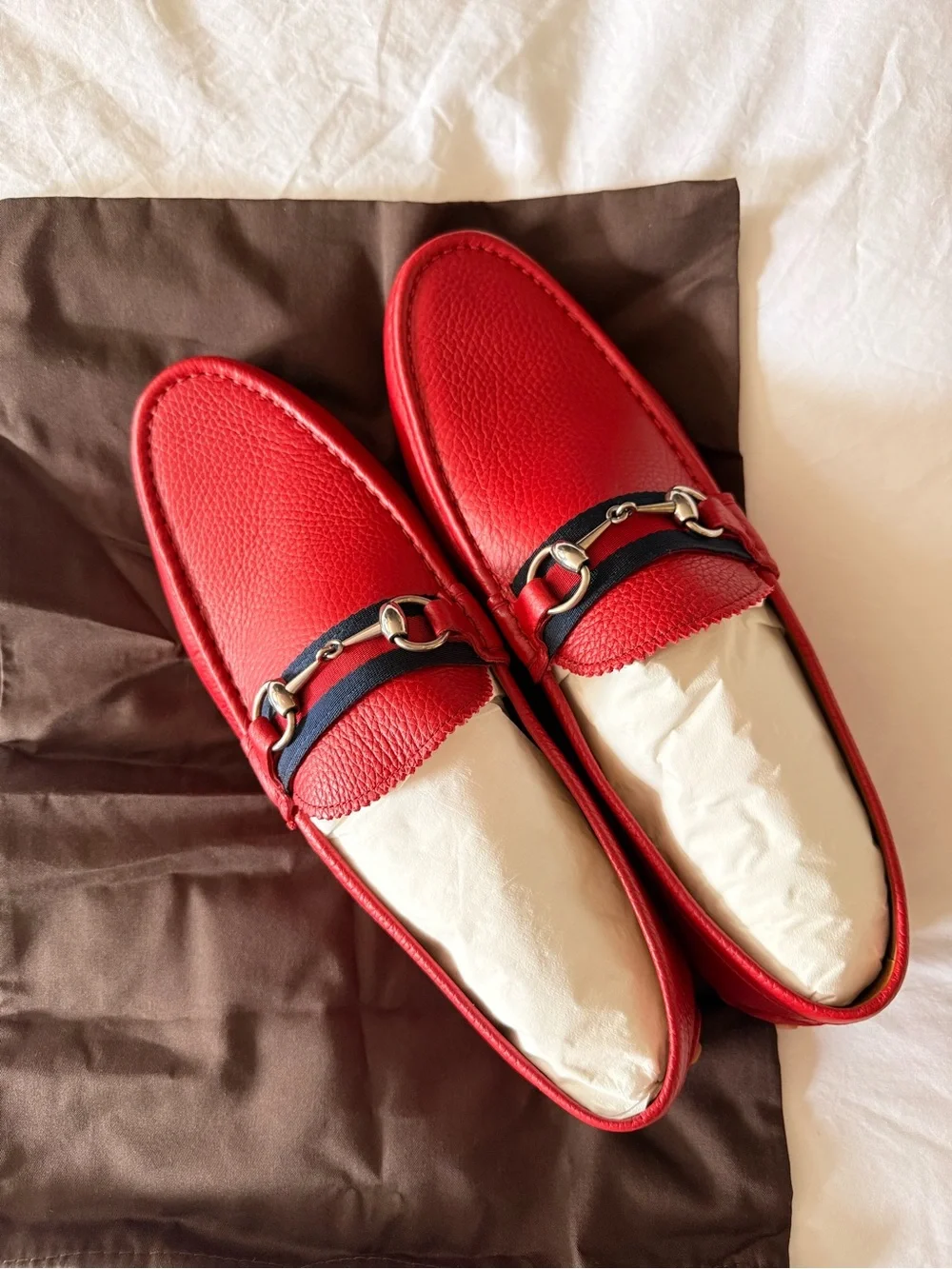 GUCCI Men's Red Leather Horsebit Loafers Size 11